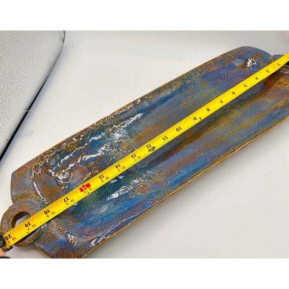 Handmade Raku-Style Ceramic Platter — Iridescent Blue & Copper Swirl Pattern - Picture 5 of 12